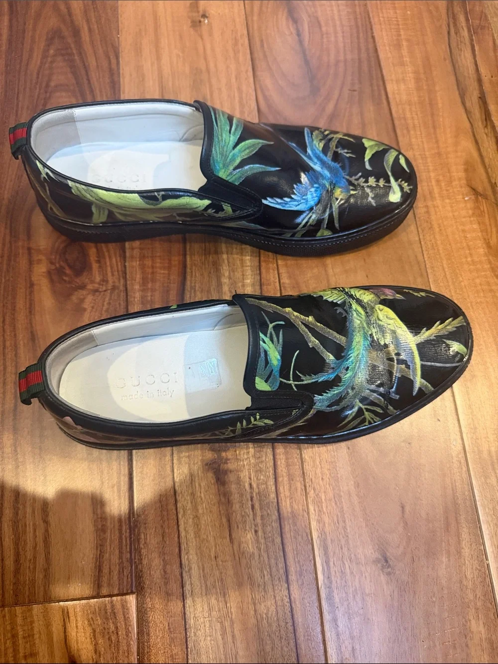Gucci Black Leather Slip-Ons with Blue and Yellow Tropical Bird Print